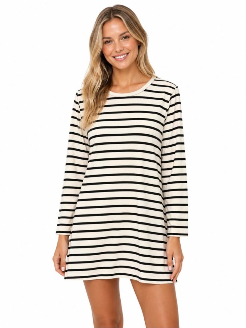 Merritt Charles Women's Striped T-Shirt Mini Dress Pockets Cream Black Size S